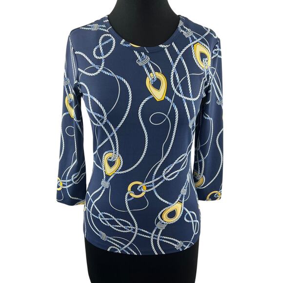 J. McLaughlin 3/4 Sleeve Top Blue Yellow Print Knot Round Neckline Stretch Sz XS - Picture 1 of 10
